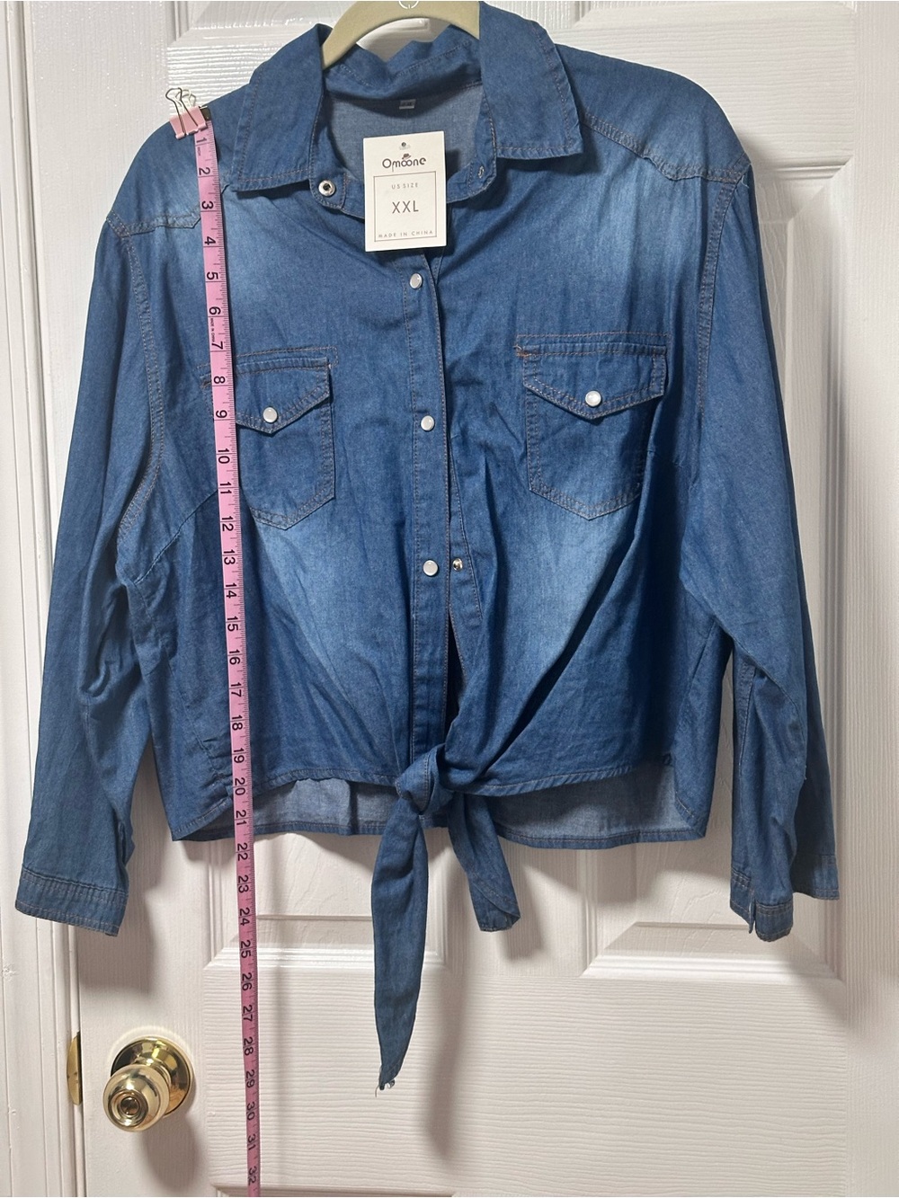 A Classy Chic Boutique Blue Denim Tie-Front Button-Down Shirt